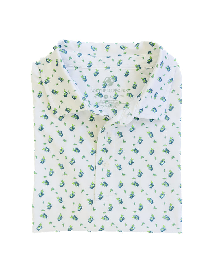 A white Mint Julep Printed Performance Polo, perfect for the Kentucky Derby or enjoying a refreshing Mint Julep.