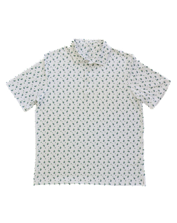 A Mint Julep Printed Performance Polo shirt, featuring green leaves.
