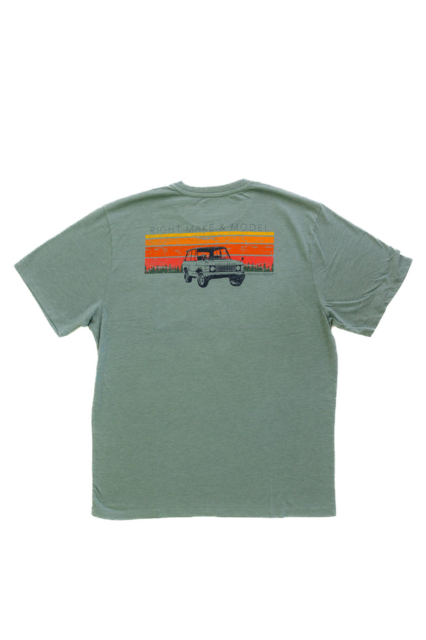 A green Right Make & Model SS Tee with a printed logo of a truck and sunset, made from Southern Proper signature Peruvian fabric.