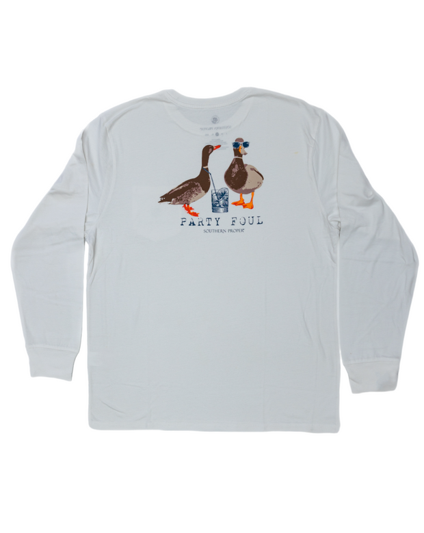 A Party Foul LS Tee - White made with Peruvian cotton, featuring a printed logo and two ducks on the front.