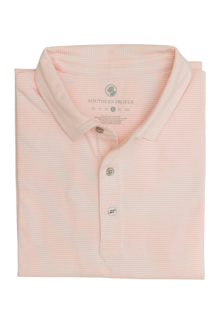 The men's lightweight pink Tensaw Stripe Polo shirt on a white background.