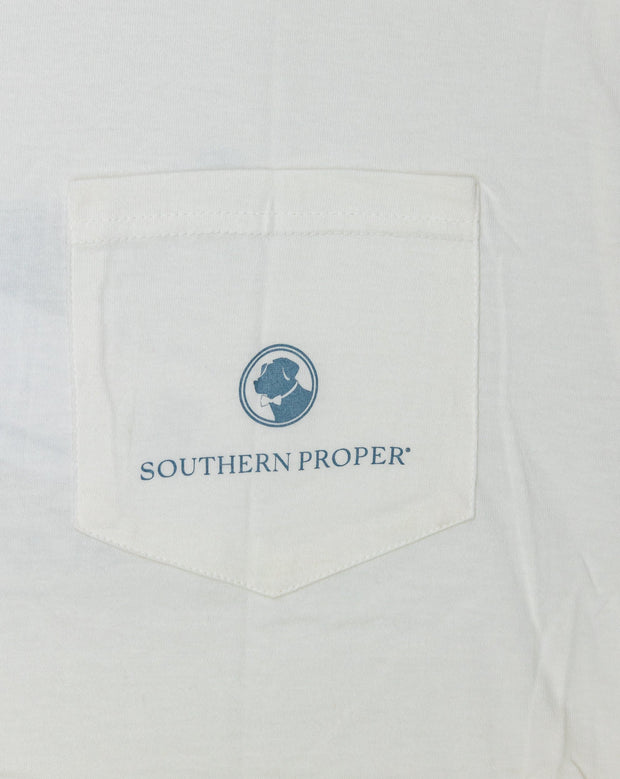 A Tarpon Scales SS Tee with the Southern Proper logo printed on the front pocket.
