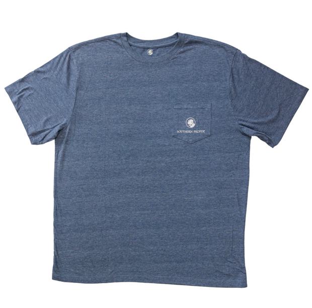 A blue crew neck Plaid Lab SS Tee with a white logo printed on the front pocket.