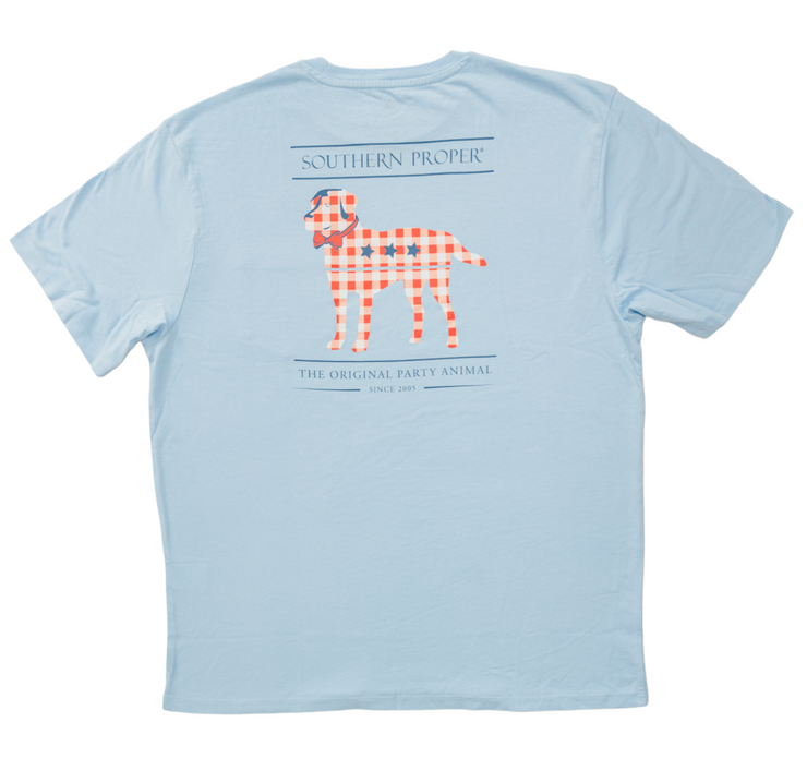 A light blue Plaid Lab SS Tee with a dog printed on the front.