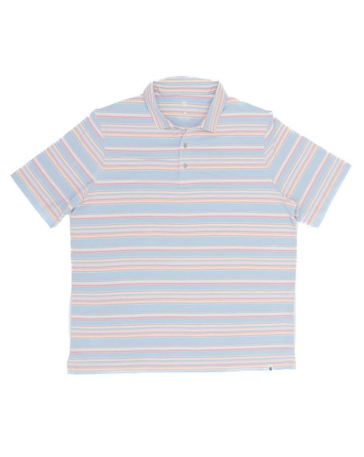 A blue and pink striped Guadalupe Stripe Polo, perfect for the Southwestern vibe.