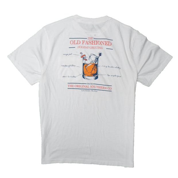 A white crew neck Old Fashioned SS Tee with a printed logo of an old fashioned drink on the front.