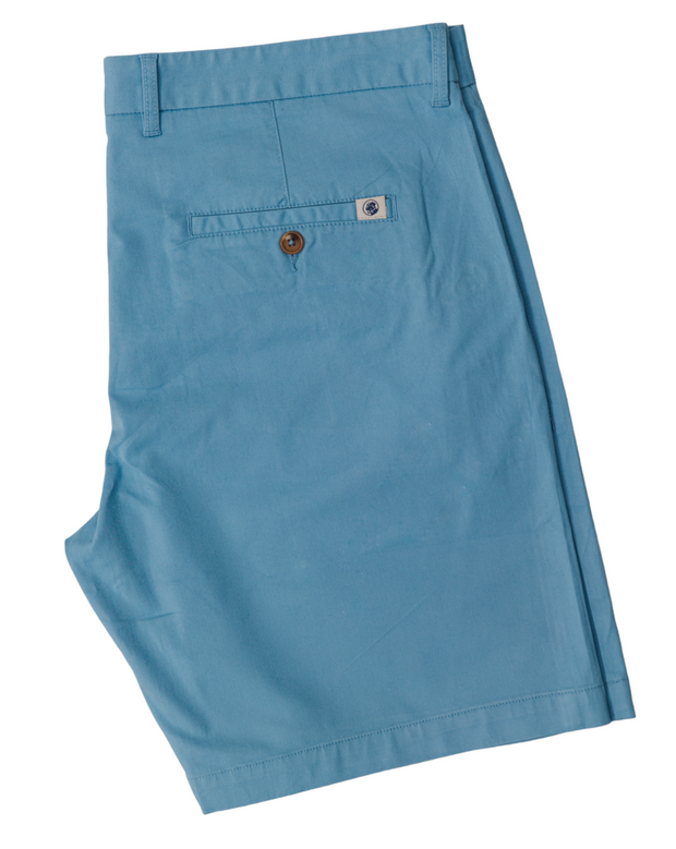 The men's blue cotton chino shorts with a Bluff Short: Coastal Blue inseam.