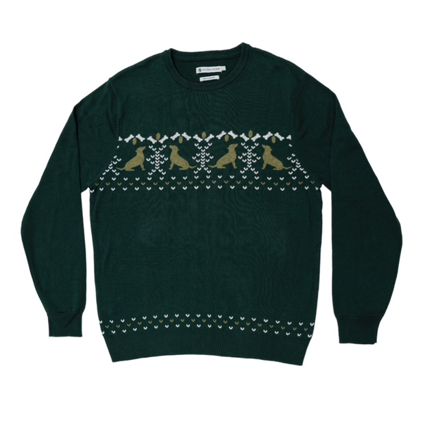 A green Bienville sweater with birds on it, embroidered SP Logo.