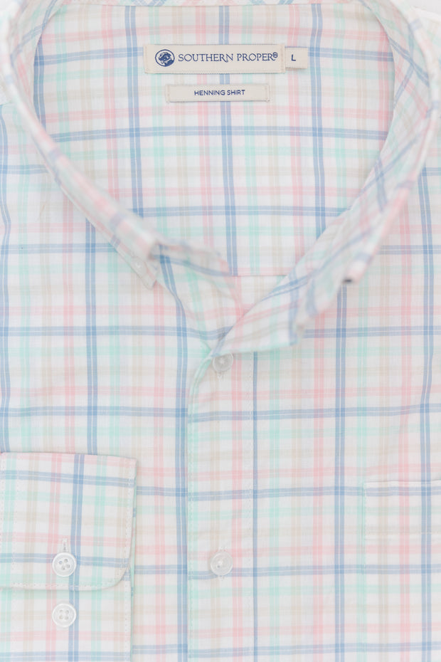 An uptown New Orleans-perfect Henning shirt: Perrier with a pink and blue gingham dress shirt pattern.