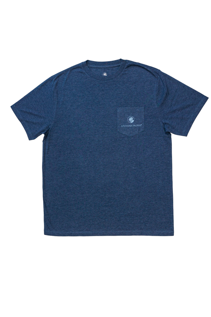 An Original Logo SS Tee heathered blue short sleeve crew neck tee with a pocket on the front.
