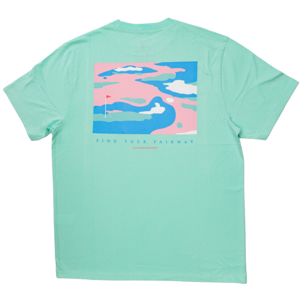 Find your Find Your Fairway SS Tee with this popular mint green t-shirt featuring an image of a golf course.