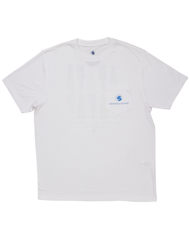 A white crew neck Paradise Found SS Tee with a blue printed logo on the short sleeve.