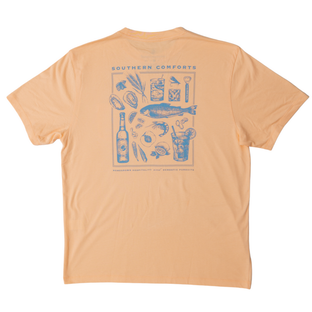 A Southern Comforts SS Tee: Apricot with a blue drawing of food and drinks.