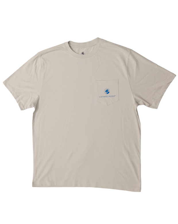 A Proper Transfusion SS Tee with a printed blue logo on it.