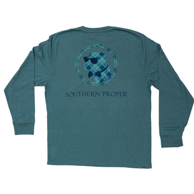 A teal Retro Plaid Dog LS Tee with a printed front pocket that says Southern Picker.