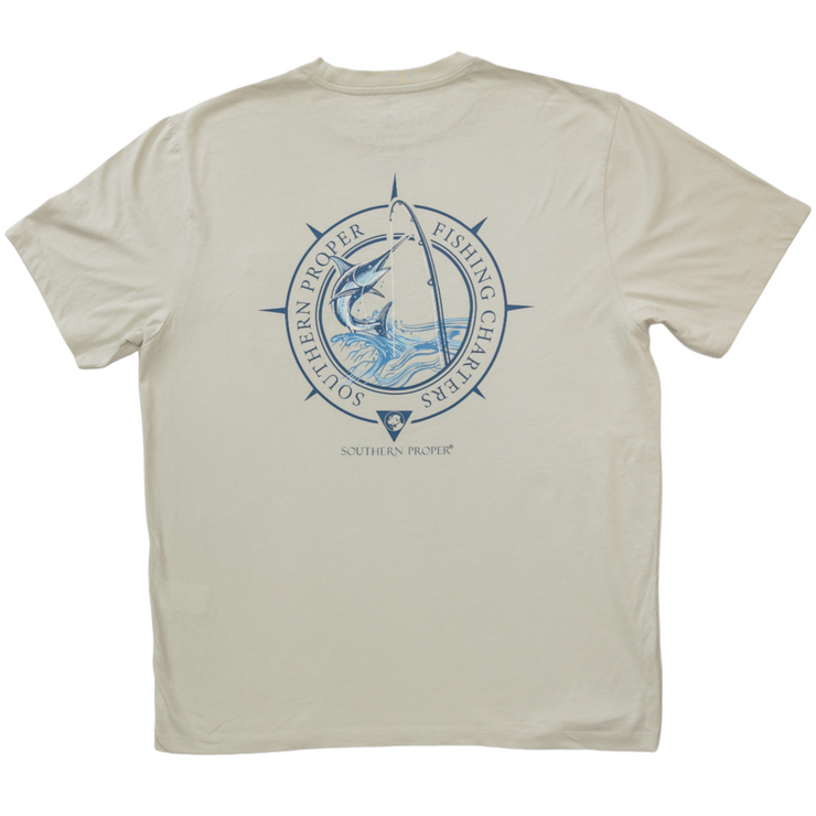 A SP Fishing Charter SS Tee, made with Peruvian fabric, featuring a blue logo and a compass.