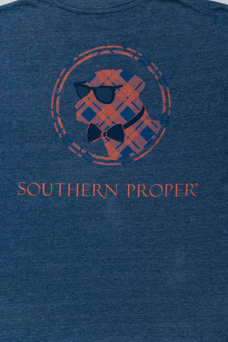 A Retro Plaid Dog LS Tee with the words Southern Proper printed on the front pocket.