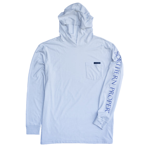 A white Southern Lilac Hoodie Tee with a blue logo on it.