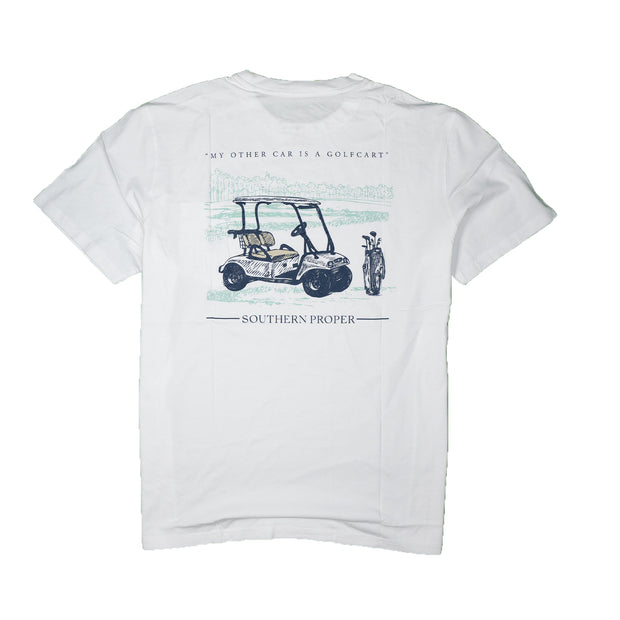 Golf Cart Tee with golf-themed graphic print and text "my other car is a golfcart" by Southern Proper, crafted from luxurious Peruvian fabric.
