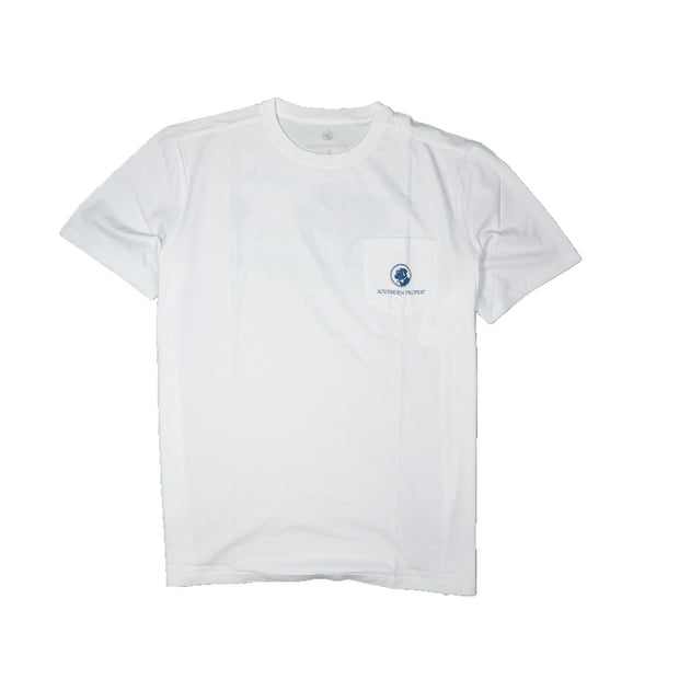 Plain white crew neck Golf Cart Tee made from Peruvian fabric with a small Southern Proper logo on the left chest area.