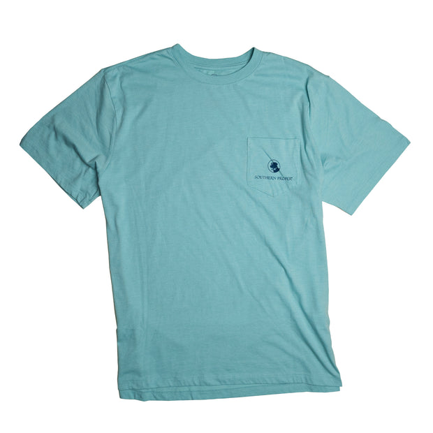 A light blue Southern Born SS Tee with a printed blue logo on it.