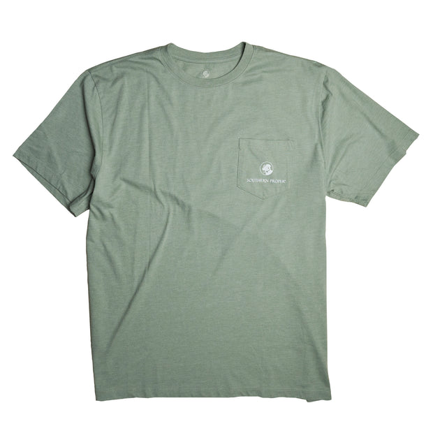 A Retro Dog SS Tee green crew neck tee with a pocket on the front.
