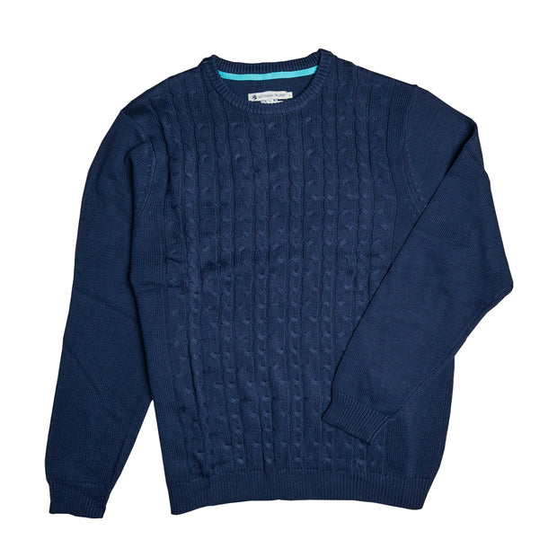 The men's navy SoPro Cable Sweater featuring an embroidered SP logo, perfect for dressing up or down.