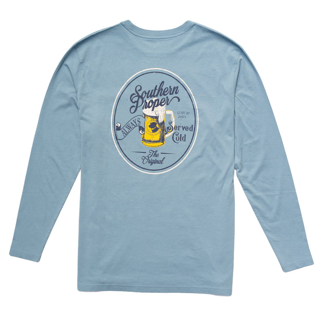 A light blue Served Cold Long Sleeve Tee with a printed front pocket.