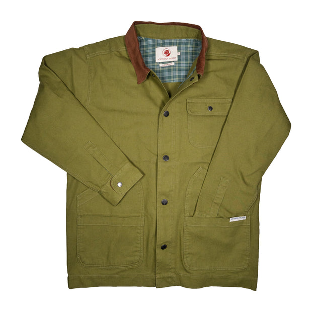 A green Bluff Barn Jacket with a brown collar made of cotton canvas.