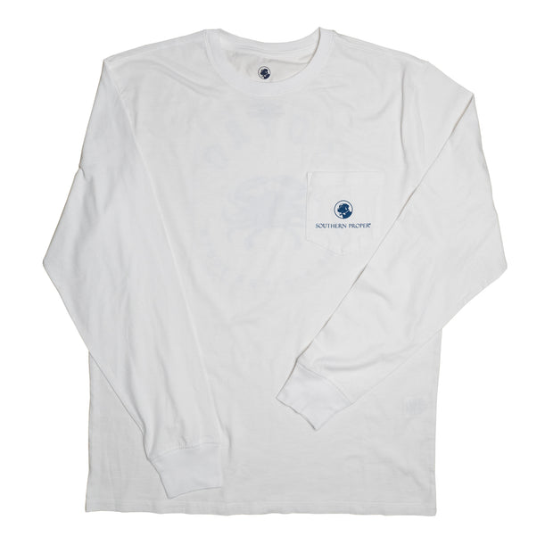A white long-sleeve SoPro Crab LS Tee with a blue logo made of Peruvian cotton blend fabric.