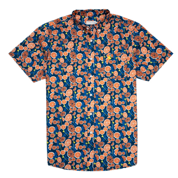 A tailored fit Cocktail Shirt: Just Add Lime with a vibrant orange and blue floral print and short sleeves.