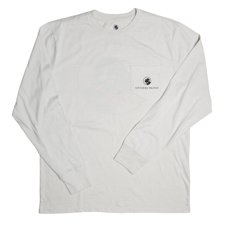 A white Classic Logo Texture LS Tee with a black logo on it.