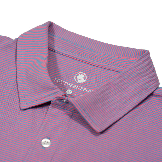A lightweight Tensaw Stripe Polo in pink and blue stripes.