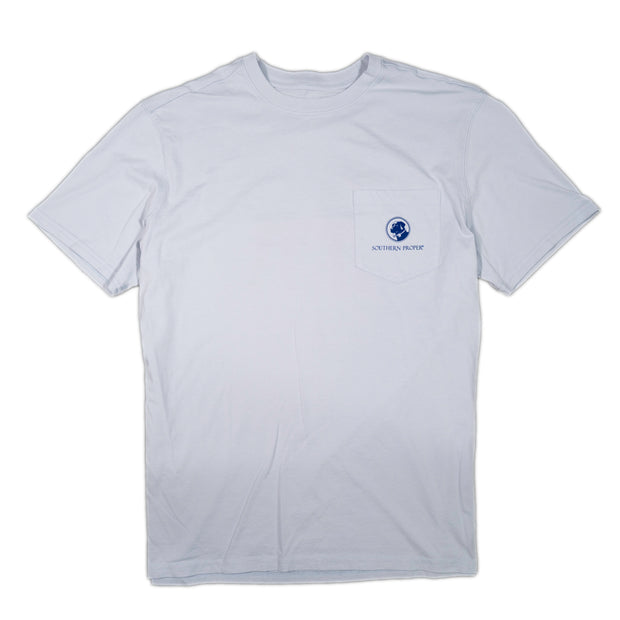A Party Animal SS Tee, made with a Peruvian cotton blend, featuring a blue logo on a white t-shirt.