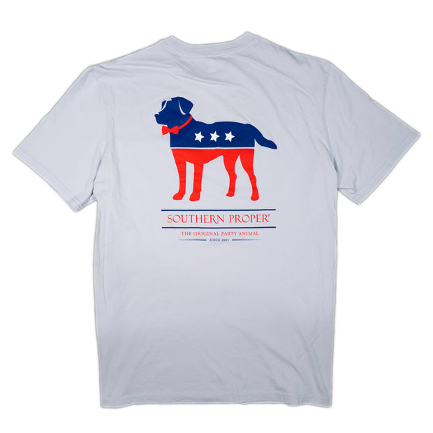 A Southern Proper Party Animal SS Tee with a red, white and blue dog on it made from a Peruvian cotton blend.