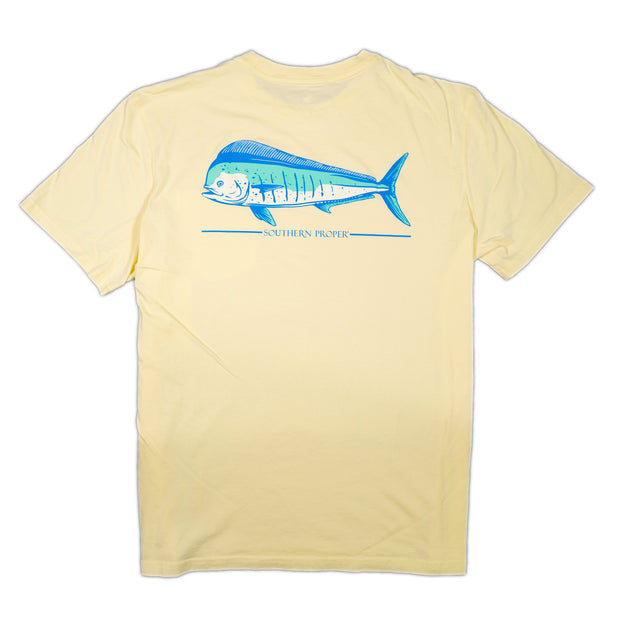 A Proper Dolphin SS Tee with a blue fish on it, featuring a printed logo.