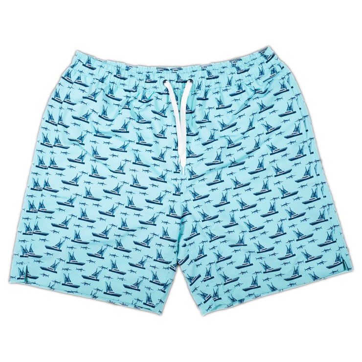 A Southern Swim 7.5" "Chasing Blues" swim trunks with sharks on it, perfect for the boat or shore.