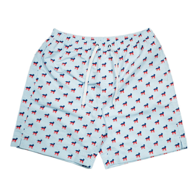 A light blue Southern Swim 7.5" swim short with red, white and blue stars on it, featuring an elastic waistband.