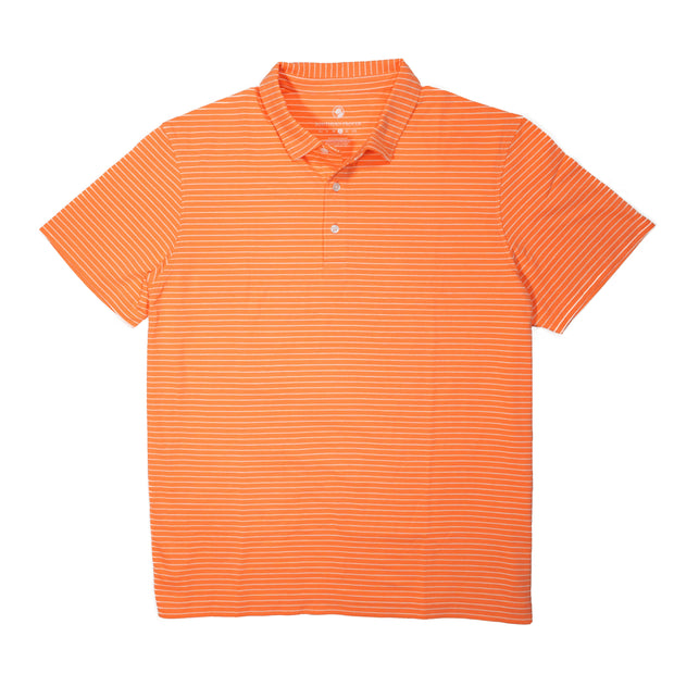 A men's orange Perdido Stripe polo shirt.