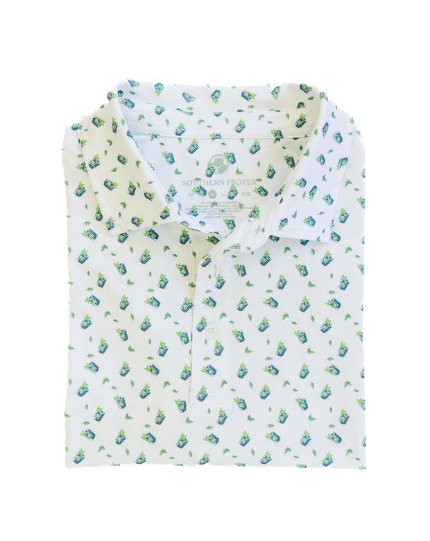 A white Mint Julep Printed Performance Polo, perfect for the Kentucky Derby or enjoying a refreshing Mint Julep.