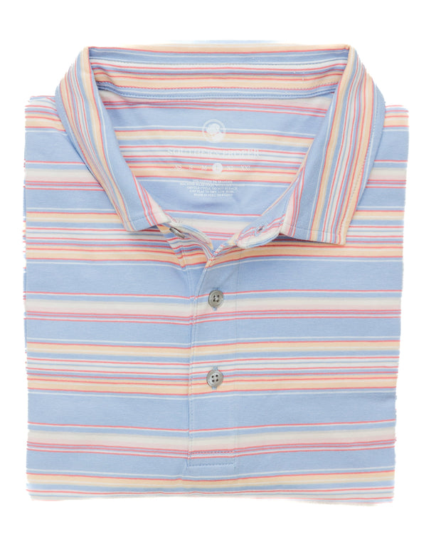 The (Guadalupe Stripe Polo) is a men's blue and pink striped polo shirt.