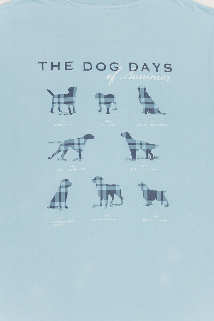 The Dog Days Tee: Oxford Blue with printed front pocket.