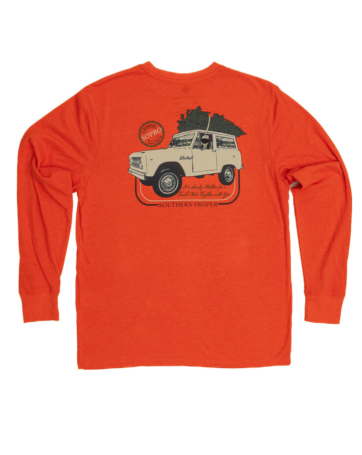 A Lovely Weather LS Tee: Cardinal with a printed logo of a jeep.