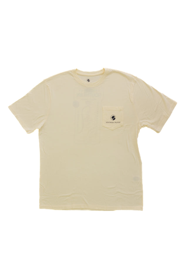 A yellow Small Batch SS Tee with a pocket on the front.