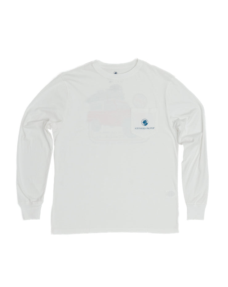 A Lovely Weather LS Tee: White featuring a printed logo of a boat from our Holiday Tee Collection made with Peruvian Cotton.