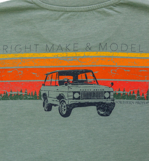 A green Right Make & Model SS Tee with the Southern Proper signature Peruvian fabric that has a Printed Logo saying right make and model.