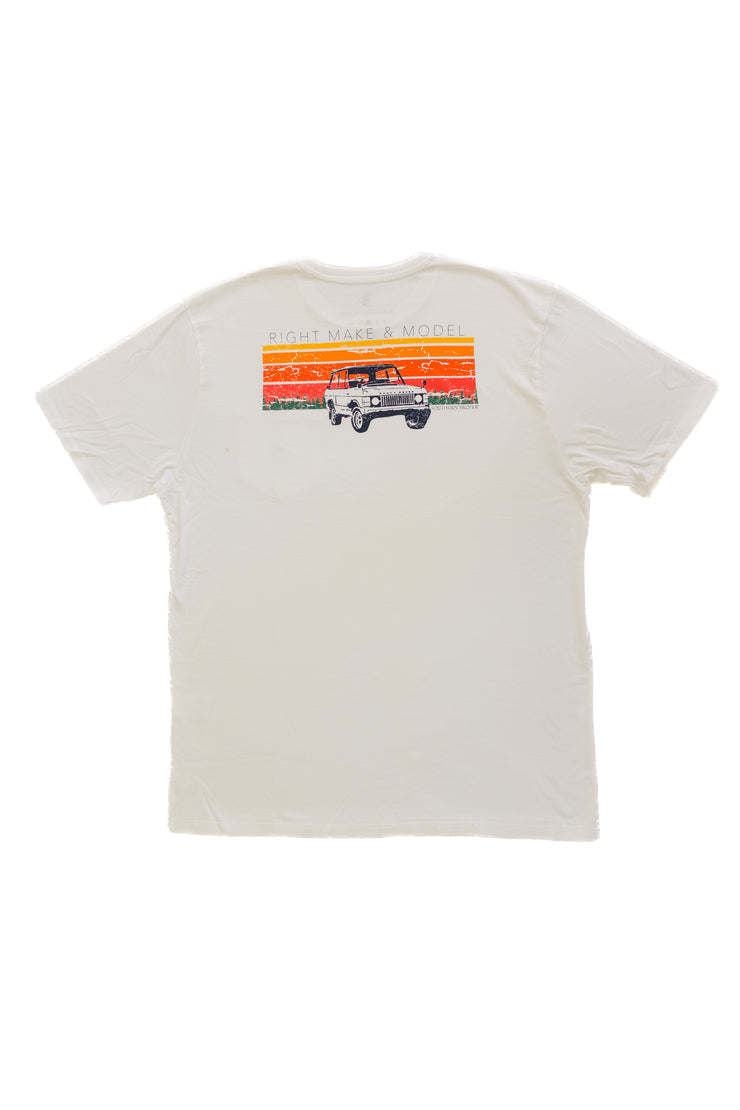 A white Right Make & Model SS Tee with a printed car logo on it.