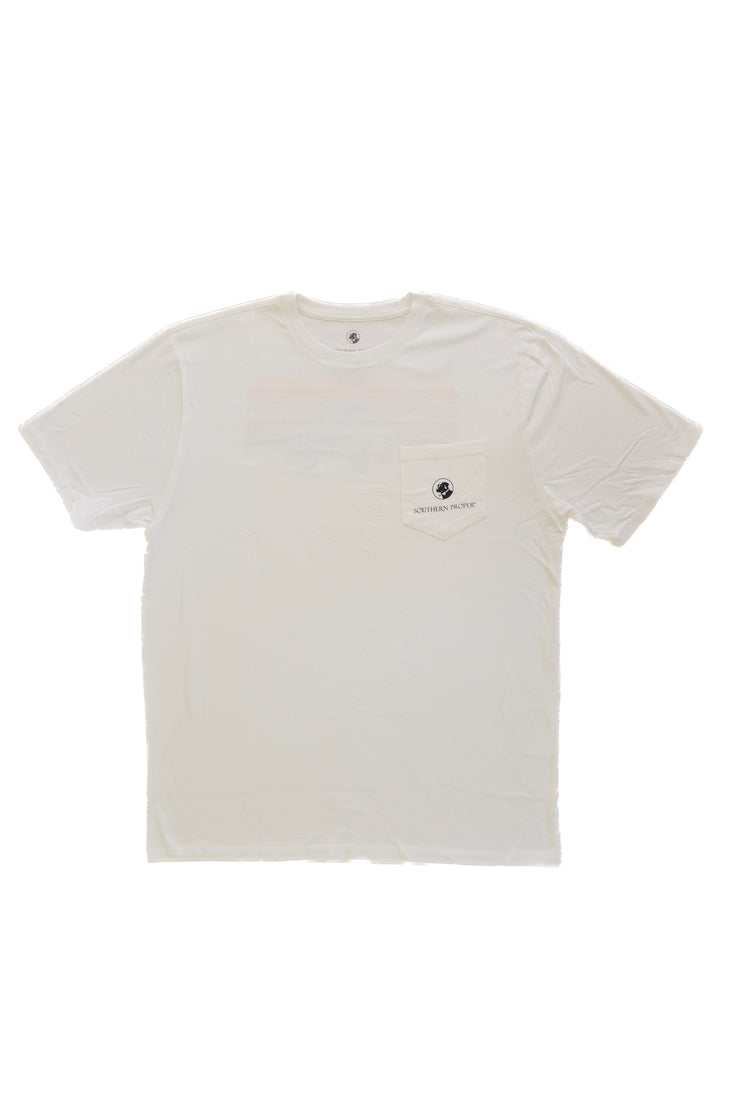 A white Right Make & Model SS Tee with a pocket on the front.