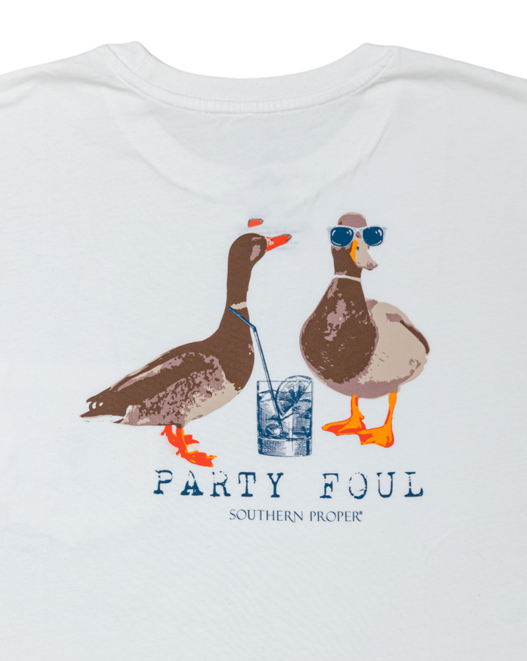 A Party Foul LS Tee - White with a printed logo of two ducks on the front pocket.