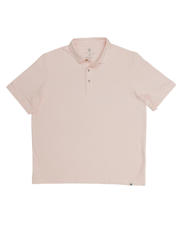 The Tensaw Stripe Polo, a lightweight Peruvian cotton polo shirt in pink, showcased against a white background.